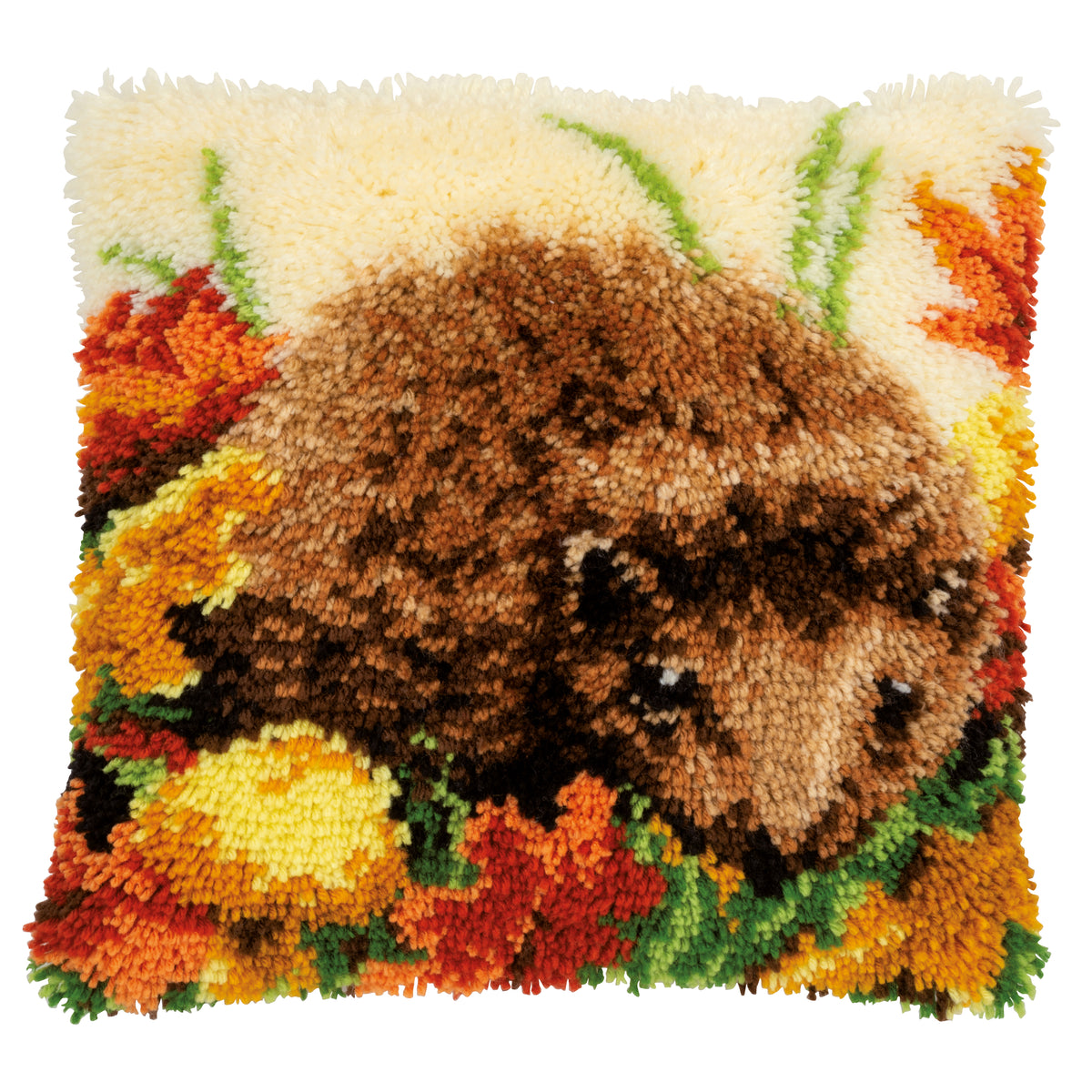 Latch hook cushion with a hedgehog design