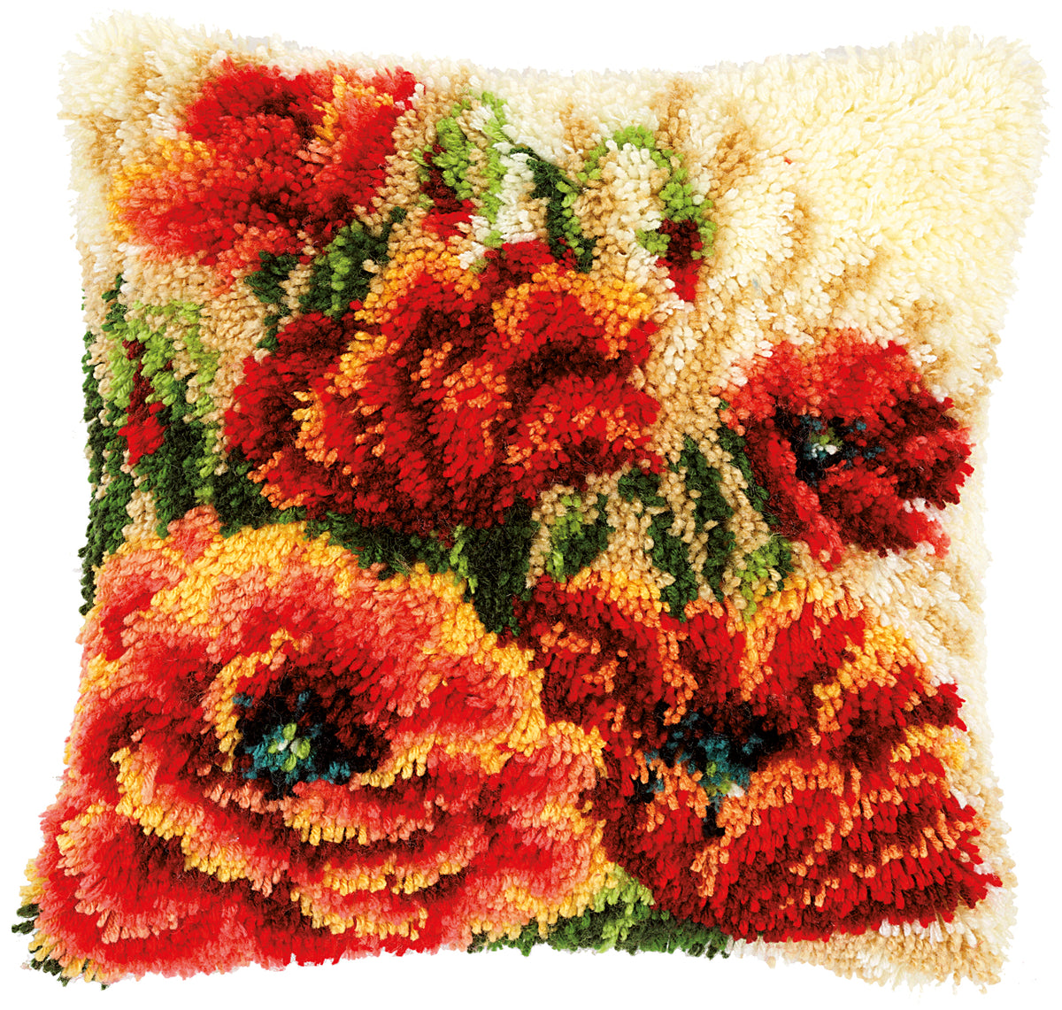 Latch hook cushion with red poppies