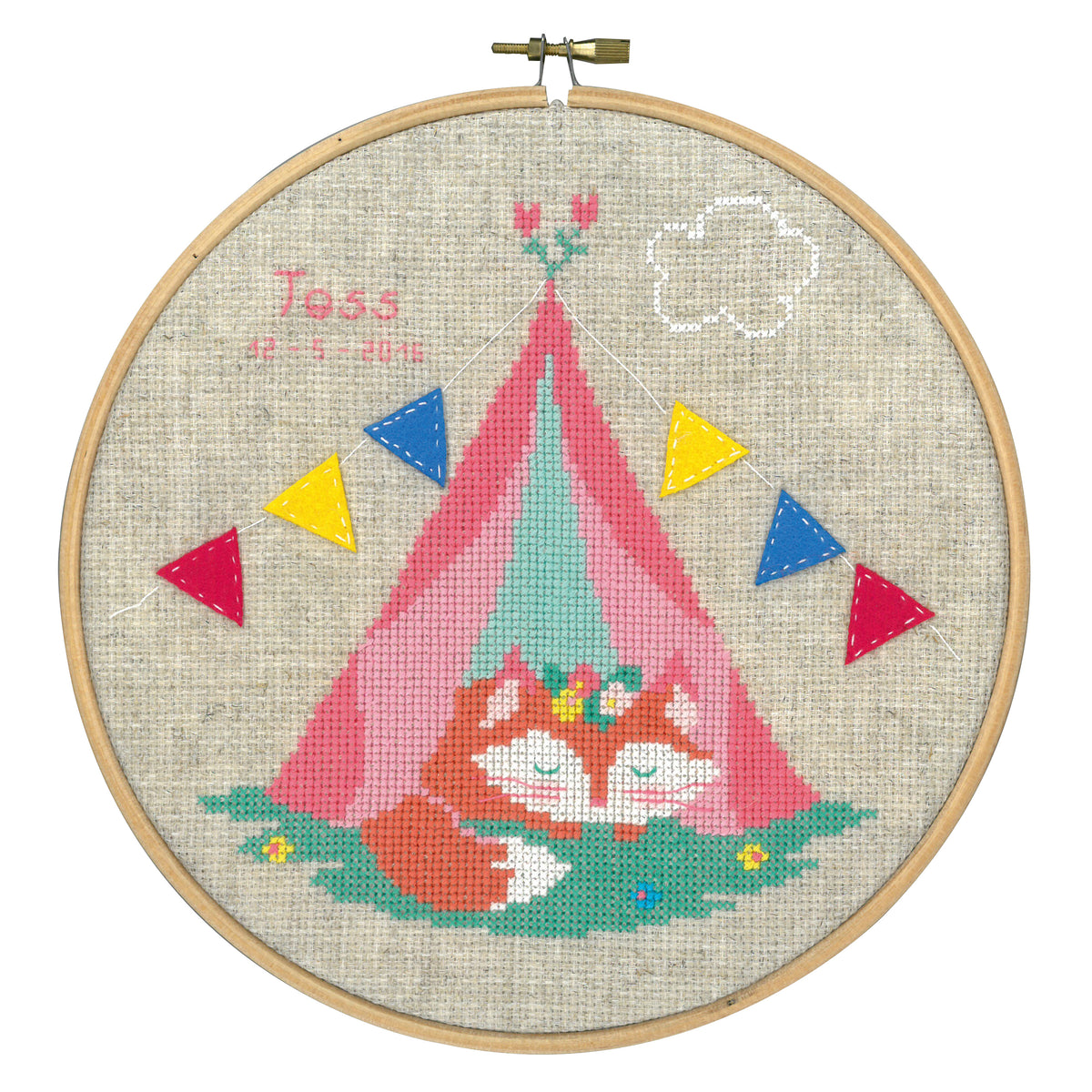 Cross stitch birth record in a hoop with a fox in a tent