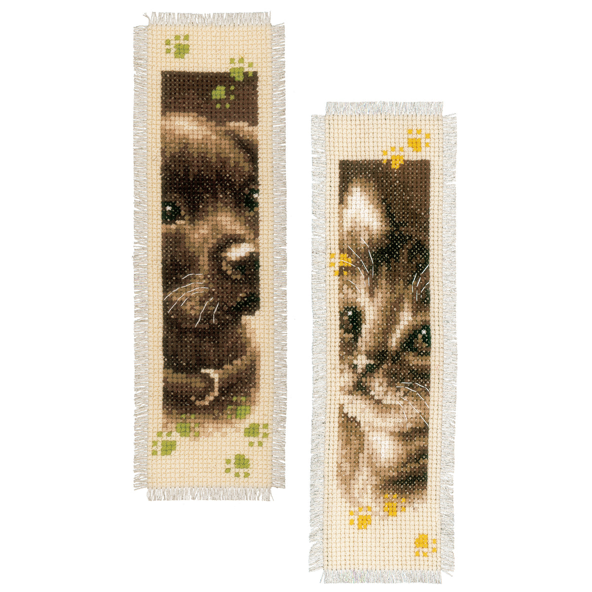 Two cross stitch bookmarks with a cat and a dog