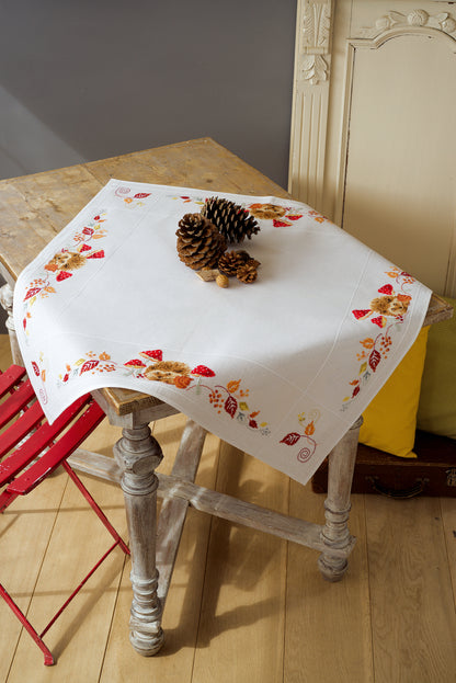 Cross stitch tablecloth with hedgehogs and mushrooms