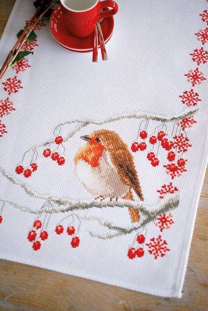 Cross stitch table runner featuring robins on white aida