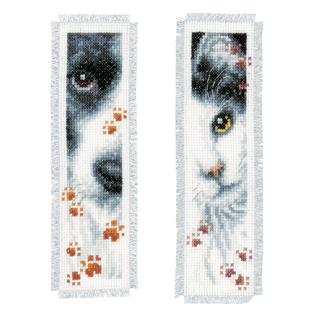 Two cross stitch bookmarks with a dog and a cat design