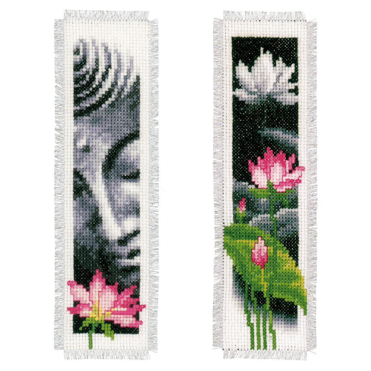 Two cross stitch bookmarks with lotus flower and Buddha designs