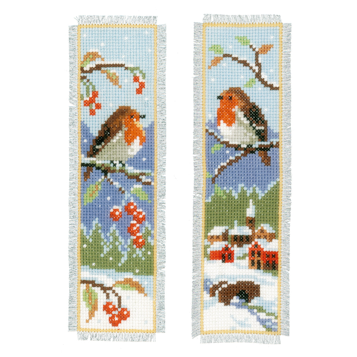 Two cross stitch bookmarks featuring robins