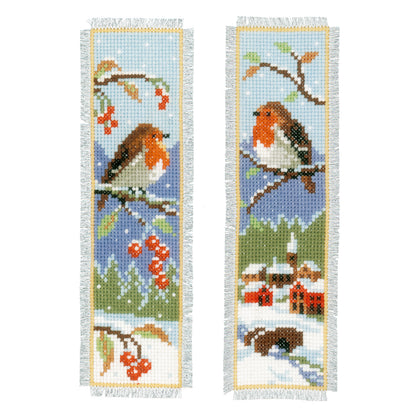 Two cross stitch bookmarks featuring robins