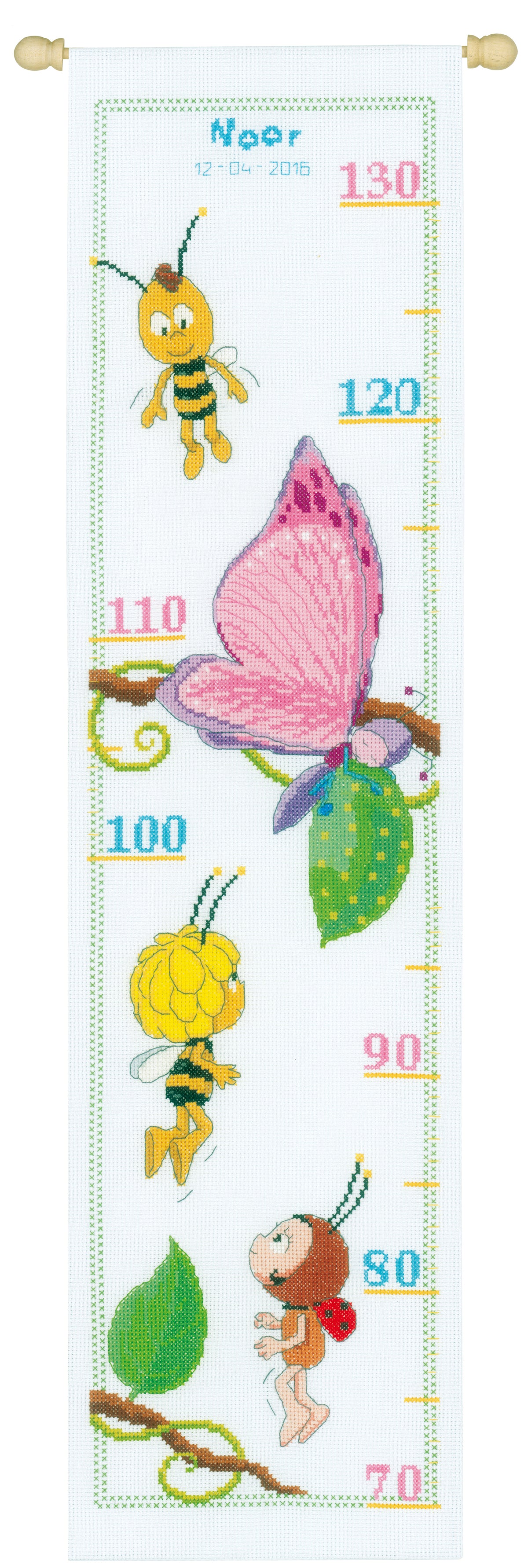 Cross stitch height chart with Maya design on light blue aida