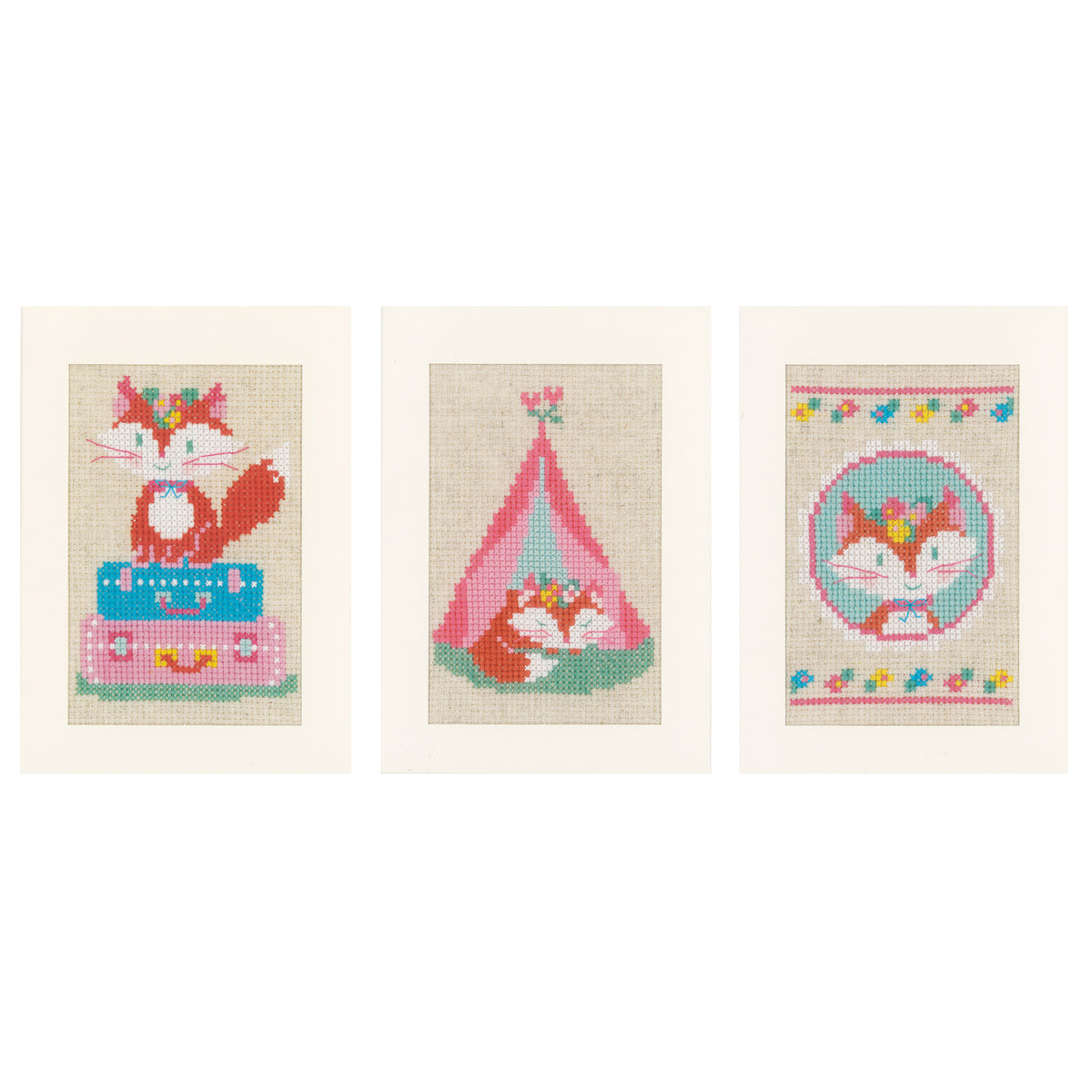 Three cross stitch greetings cards featuring a little fox
