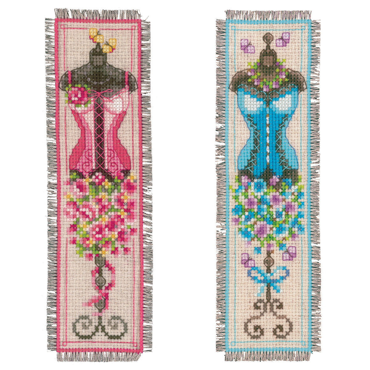 Two cross stitch bookmarks with vintage dressmaker mannequins