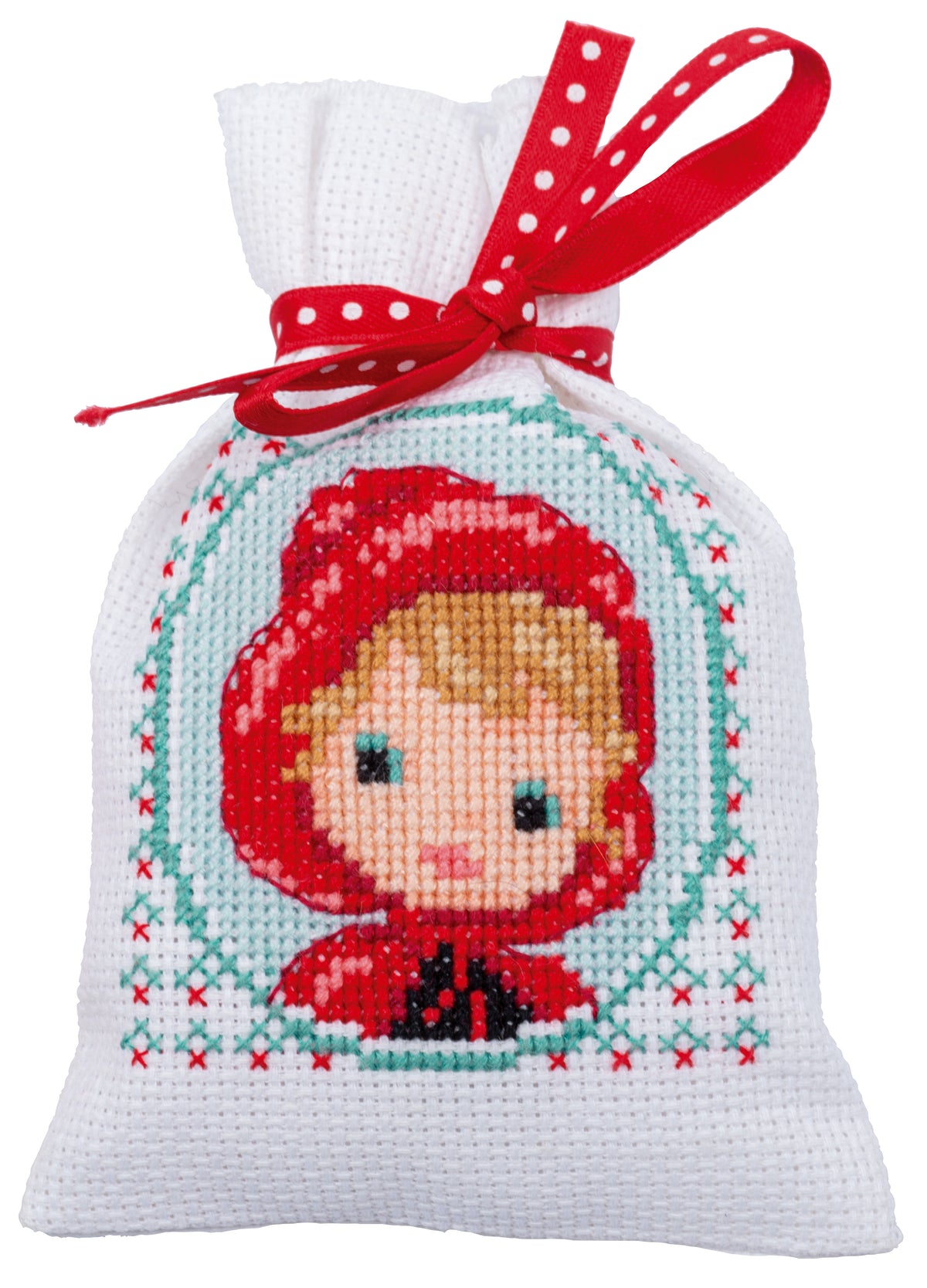 Three cross stitch gift bags with fairy tale designs