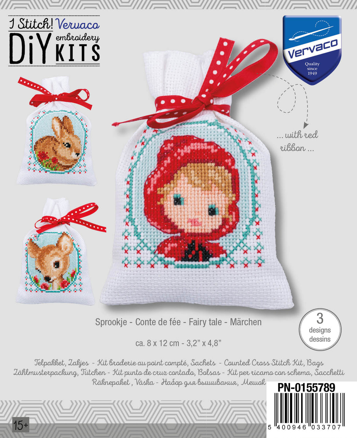 Three cross stitch gift bags with fairy tale designs