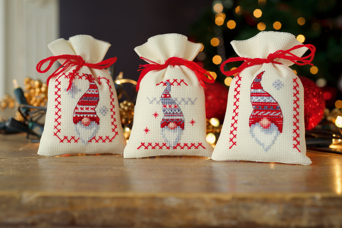 Christmas Elves Gift Bags counted cross stitch kit by Vervaco