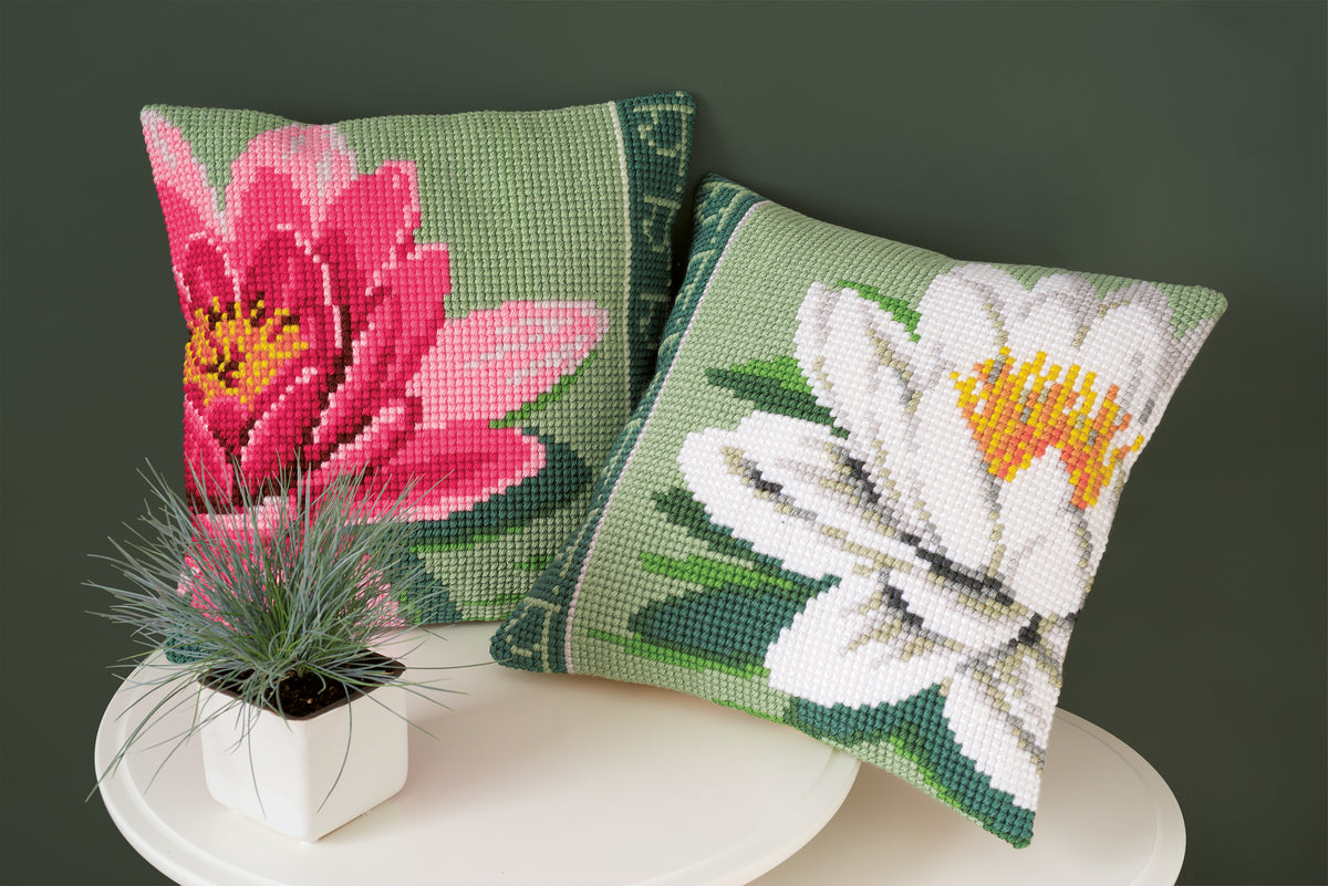 White Lotus Flower cross stitch cushion kit by Vervaco