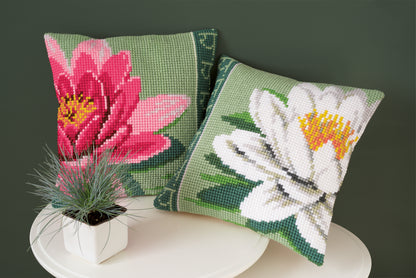 White Lotus Flower cross stitch cushion kit by Vervaco