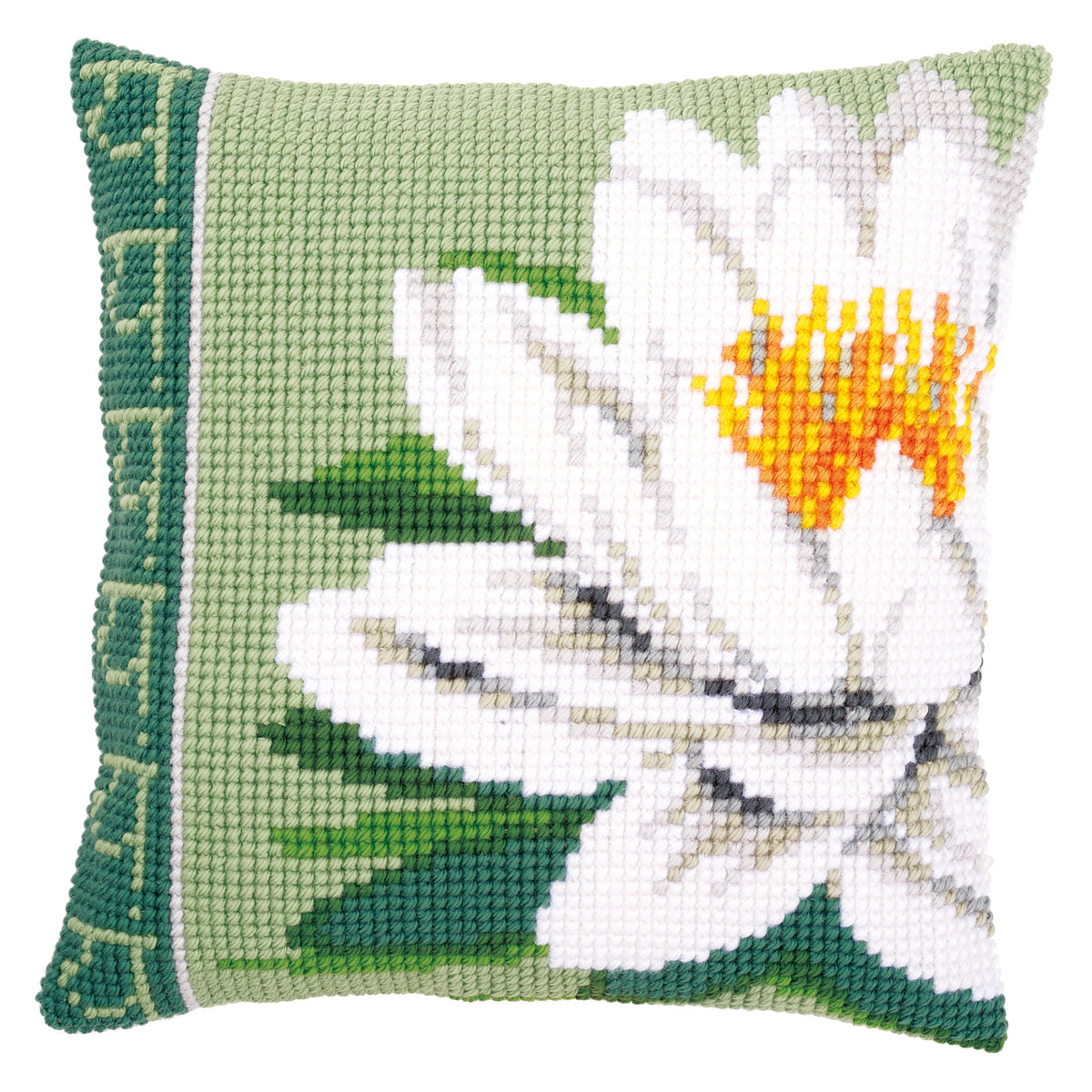 White Lotus Flower cross stitch cushion kit by Vervaco