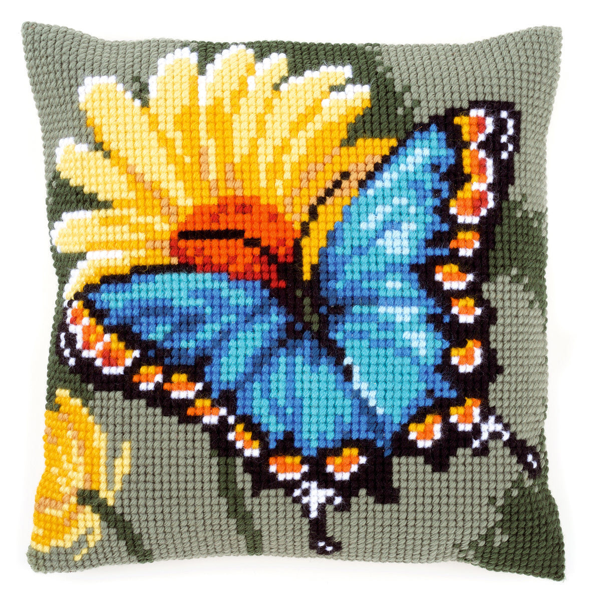 Butterfly and Yellow Flower cross stitch cushion kit by Vervaco