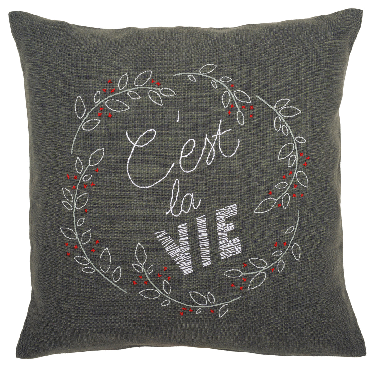 C'est La Vie embroidered cushion kit by Vervaco on dark grey fabric