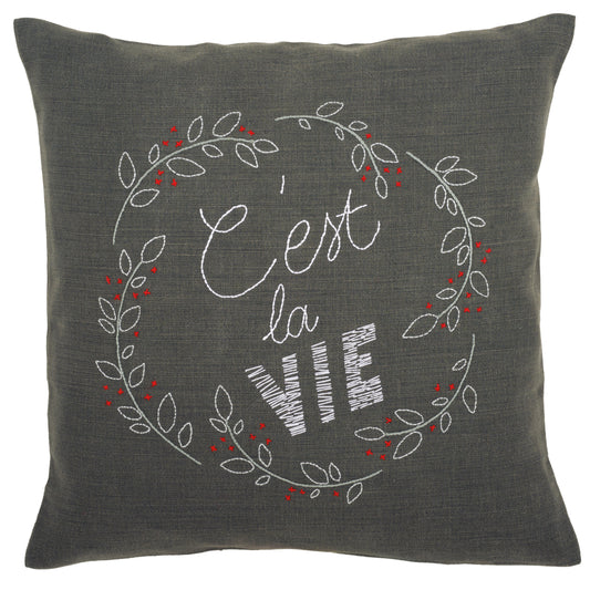 C'est La Vie embroidered cushion kit by Vervaco on dark grey fabric