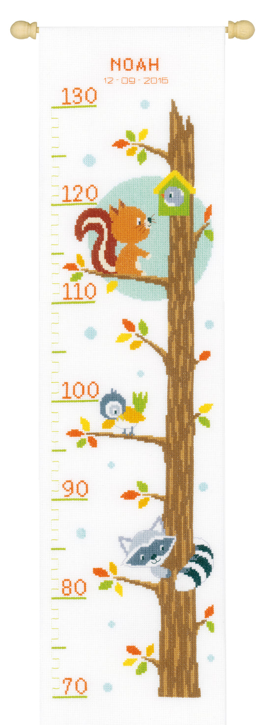 Cross stitch height chart with animals in a tree