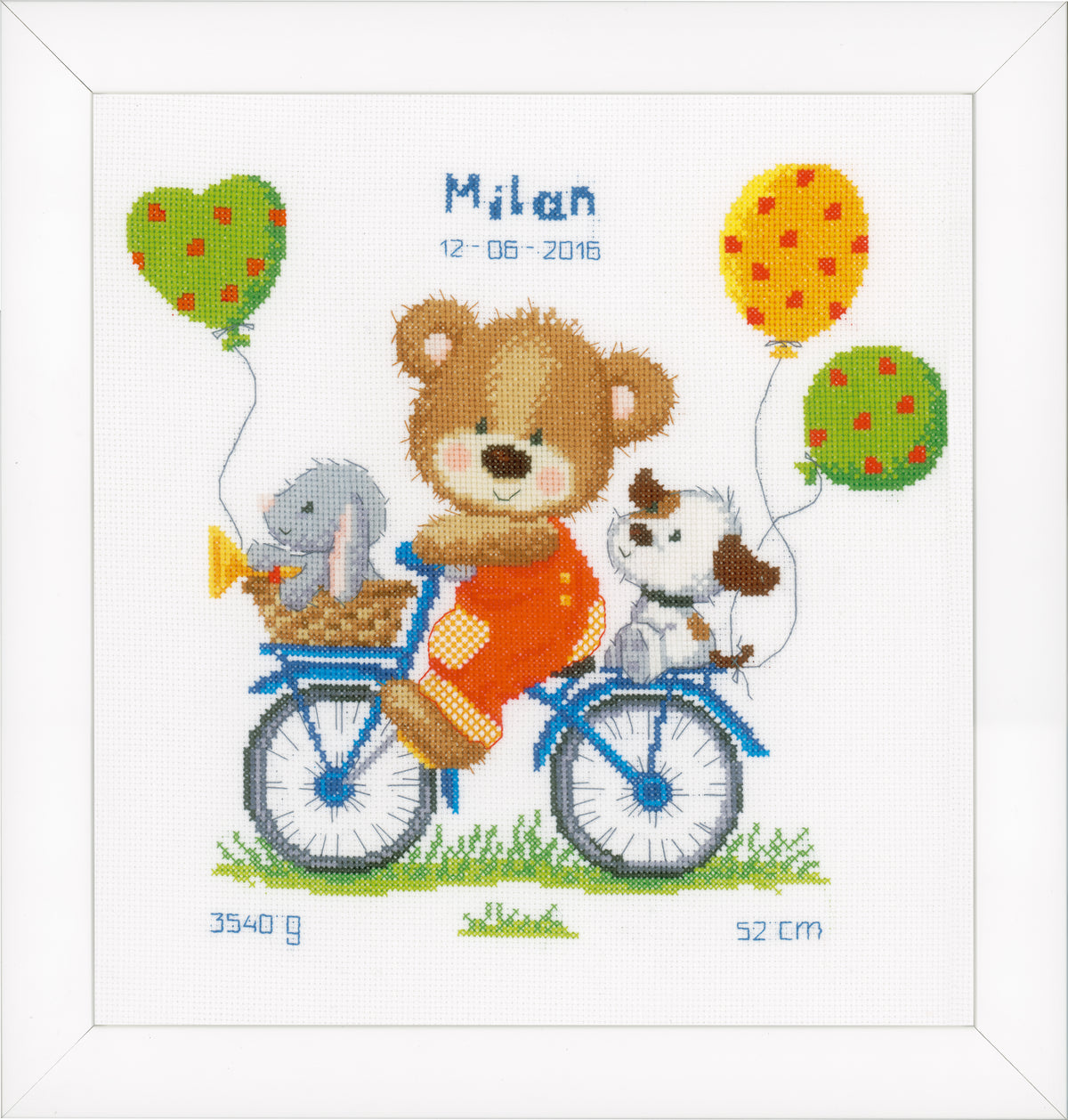Cross stitch birth record with a cycling bear