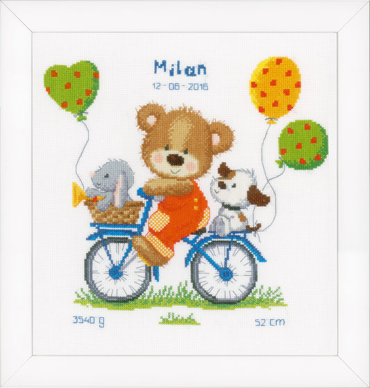 Cross stitch birth record with a cycling bear