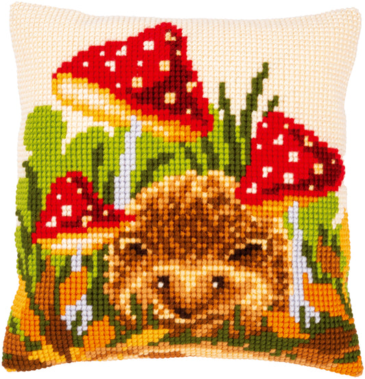 Cross stitch cushion with hedgehog and mushrooms