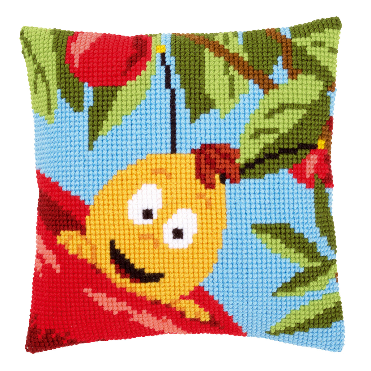 Cross stitch cushion with Willy and a red apple