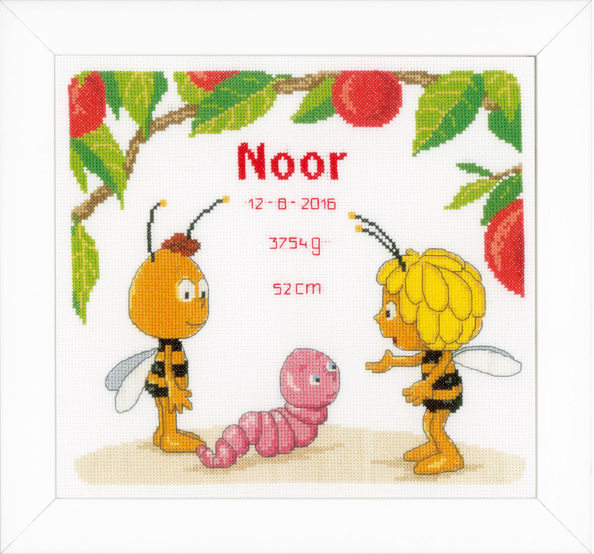 Cross stitch birth record with Maya, Willy and Max
