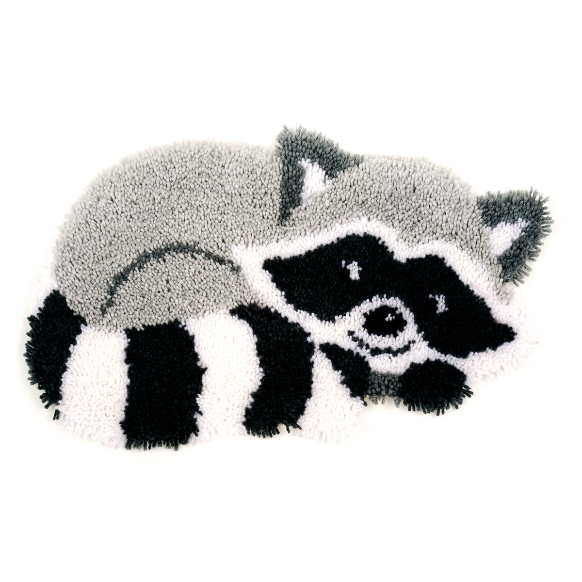 Latch hook rug shaped like a raccoon
