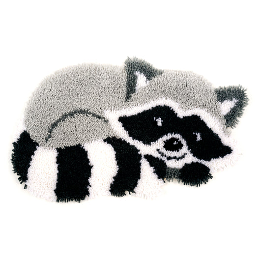 Latch hook rug shaped like a raccoon