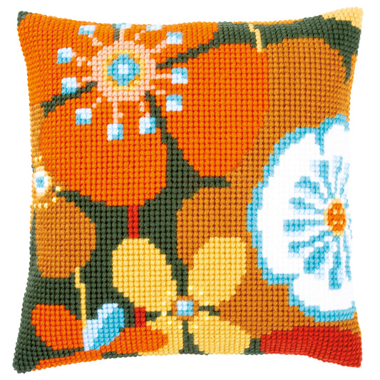 Cross stitch cushion with colourful retro flower design