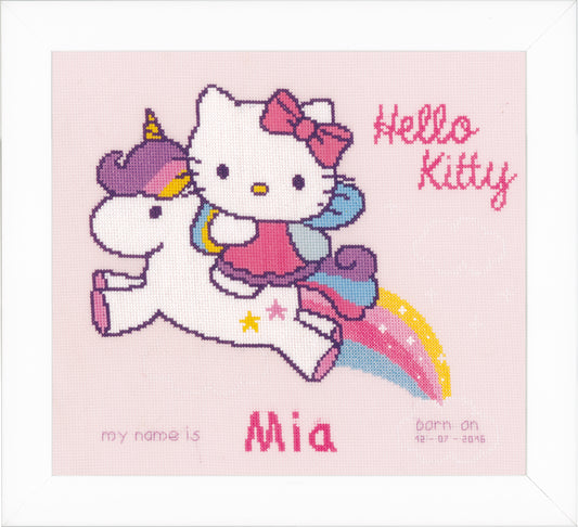 Cross stitch birth record with kitten and unicorn on pink aida