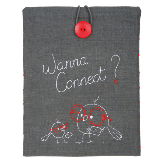 Embroidered grey tablet cover with 'Wanna Connect?' design