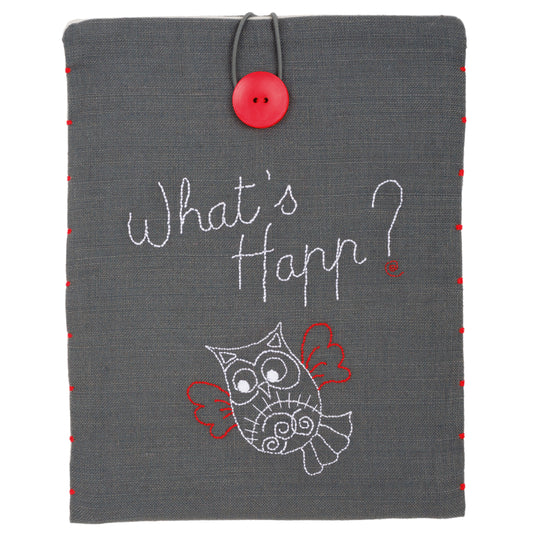 Embroidered grey tablet cover with 'What's Happ?' design