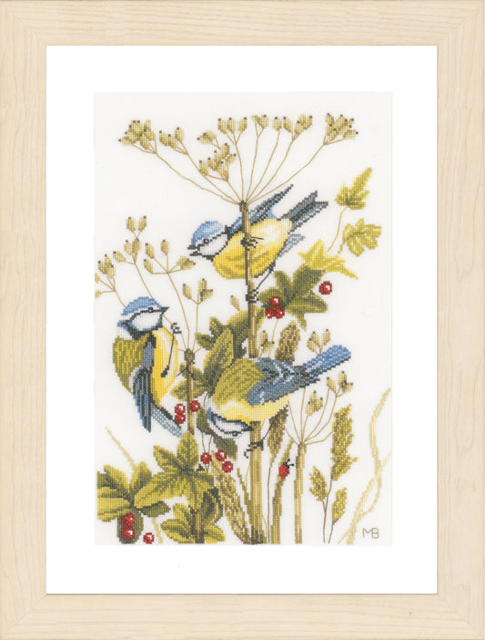 Cross stitch picture of blue tits