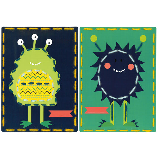 Two children's stitched cards with space monsters design