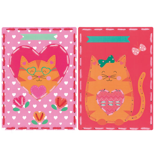 Two children's stitched cards with cat with hearts design