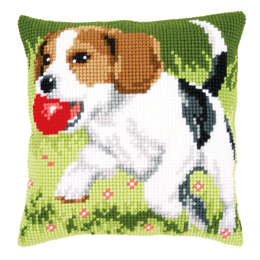 Cross stitch cushion with beagle dog design