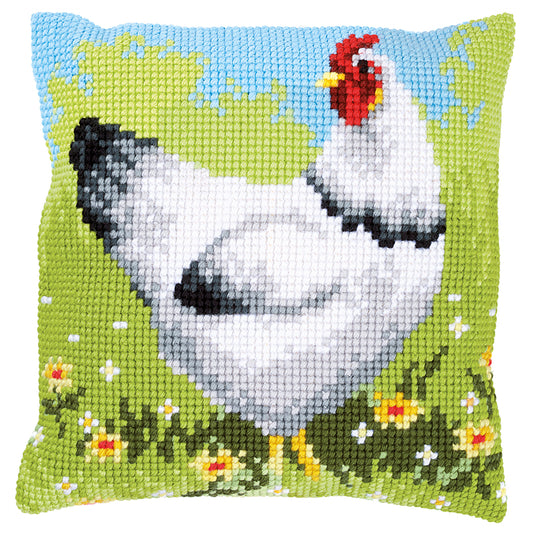 Cross stitch cushion with white chicken design