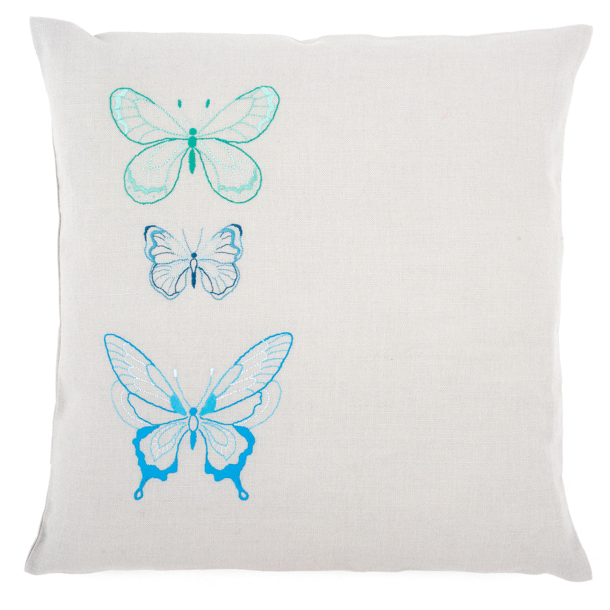 Grey cushion embroidered with blue butterflies