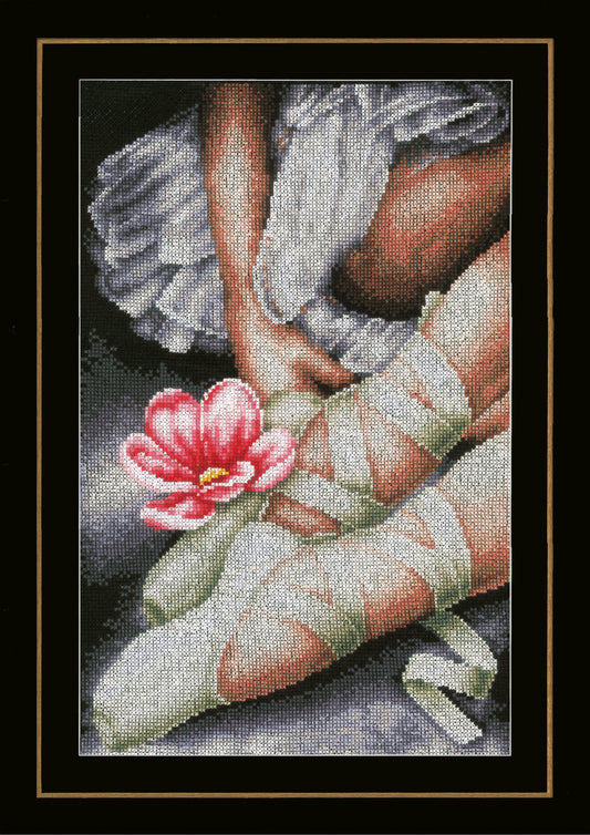 Ballet shoes counted cross stitch design on black fabric
