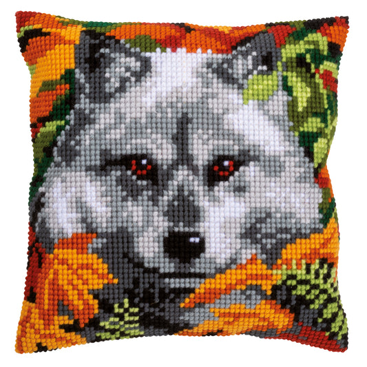 Vervaco cross stitch cushion kit with a wolf design