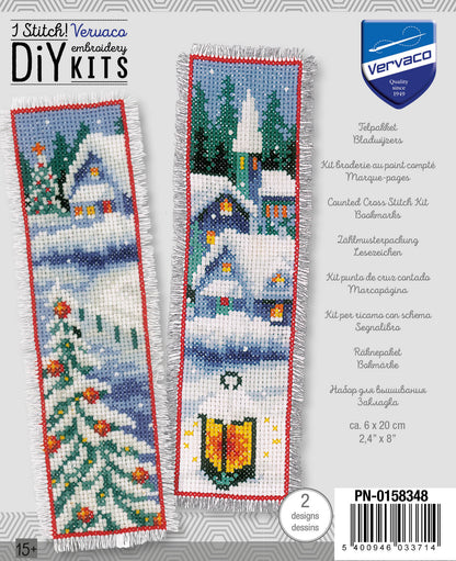 Two cross stitch bookmarks with winter village designs