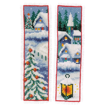 Two cross stitch bookmarks with winter village designs