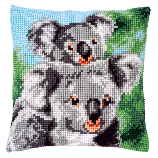 Cross stitch cushion with a koala and her baby
