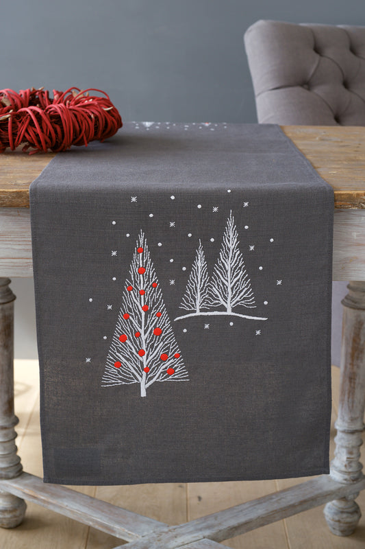 Dark grey embroidered table runner with Christmas trees