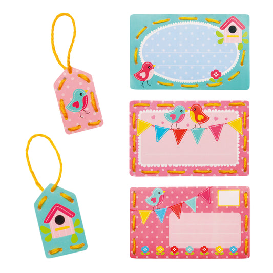 Children's stitched cards and tags with birds