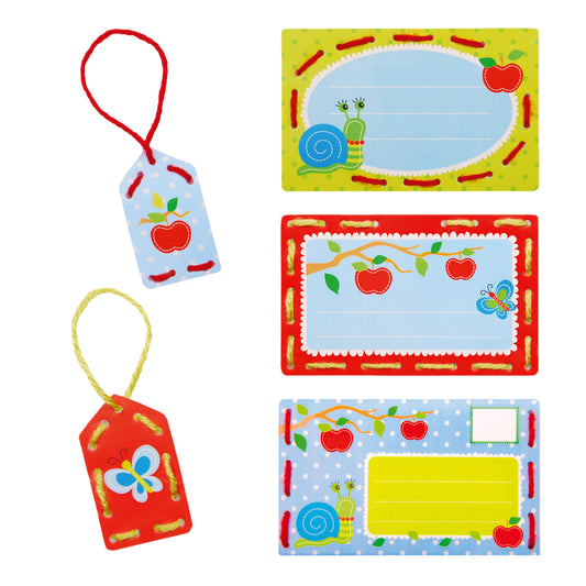 Children's stitched cards and tags with apples