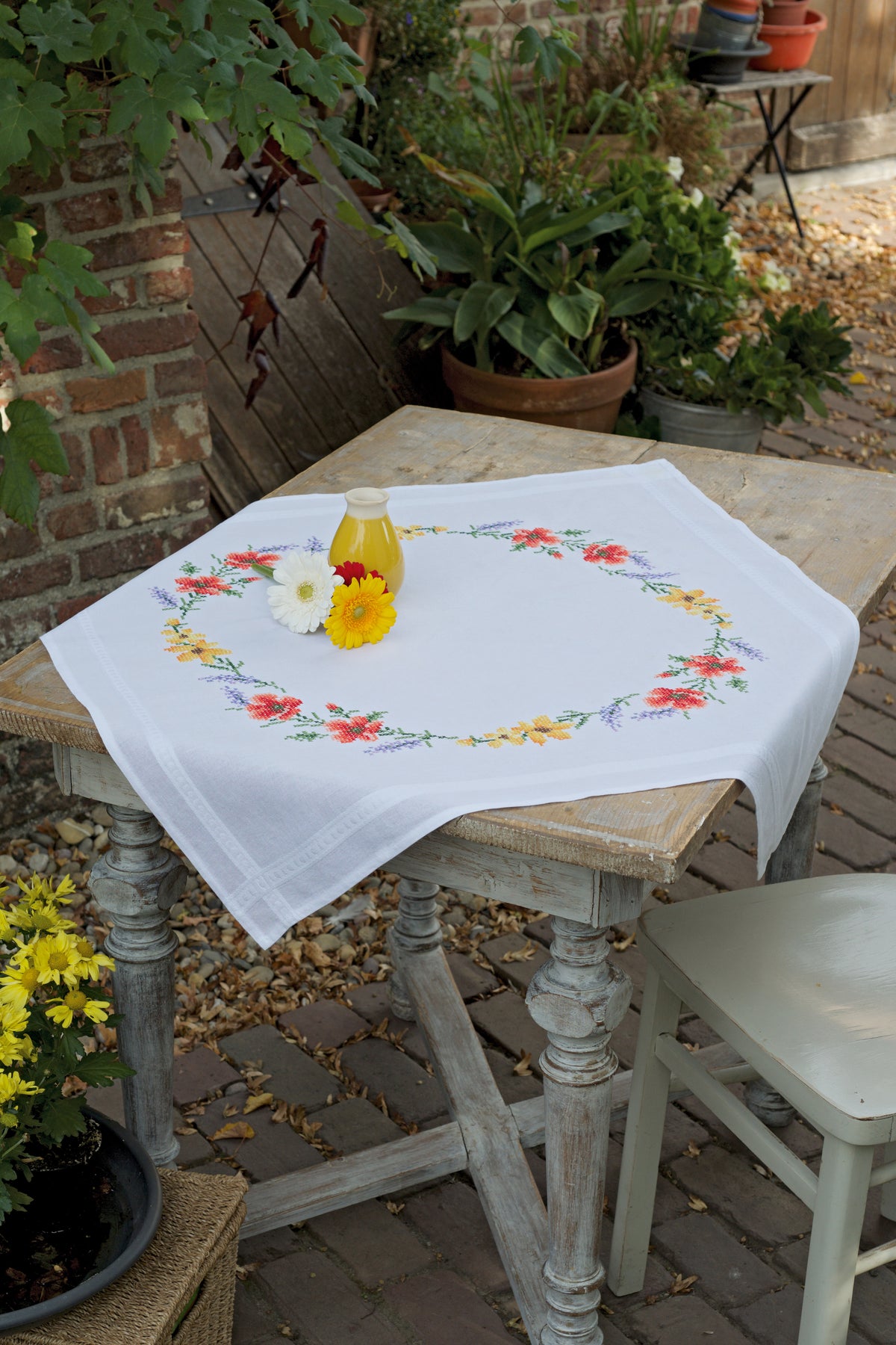 Embroidered tablecloth with flowers and lavender