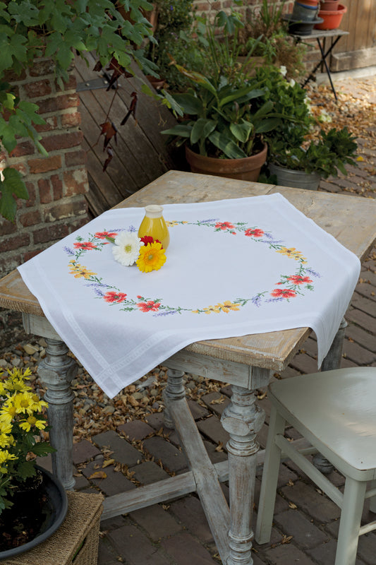 Embroidered tablecloth with flowers and lavender
